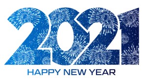 Happy New Year 2021 text design with fireworks.