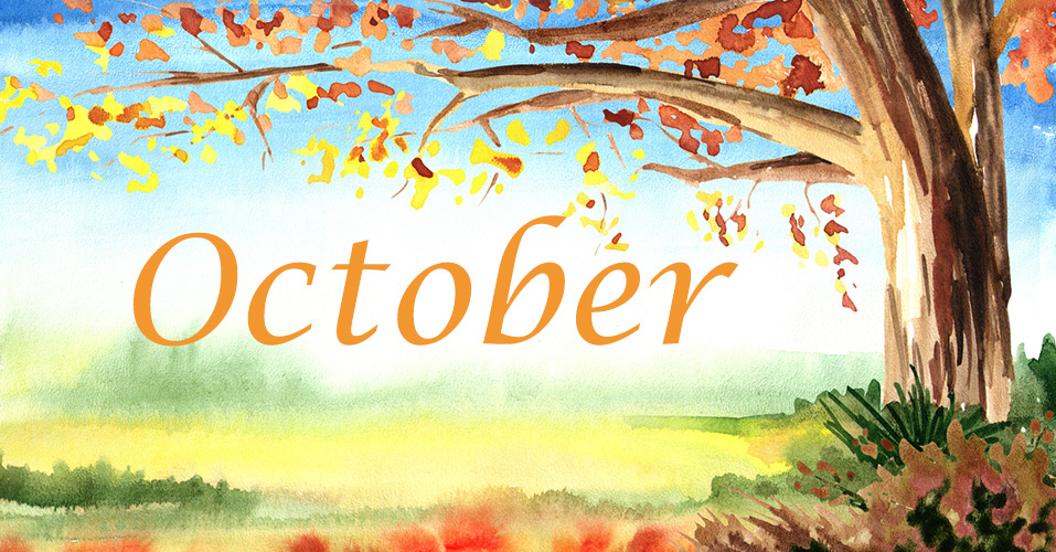 A watercolor of Fall with a tree with orange and yellow leaves.